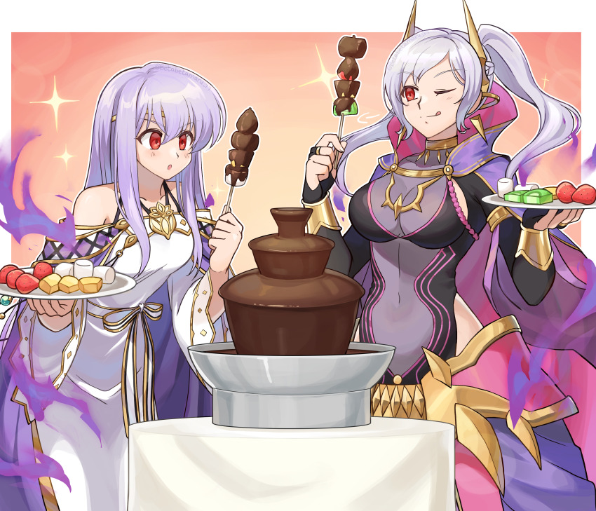 2girls, absurdres, aura, betabetamaru, breasts, cheese, chocolate, chocolate_fountain