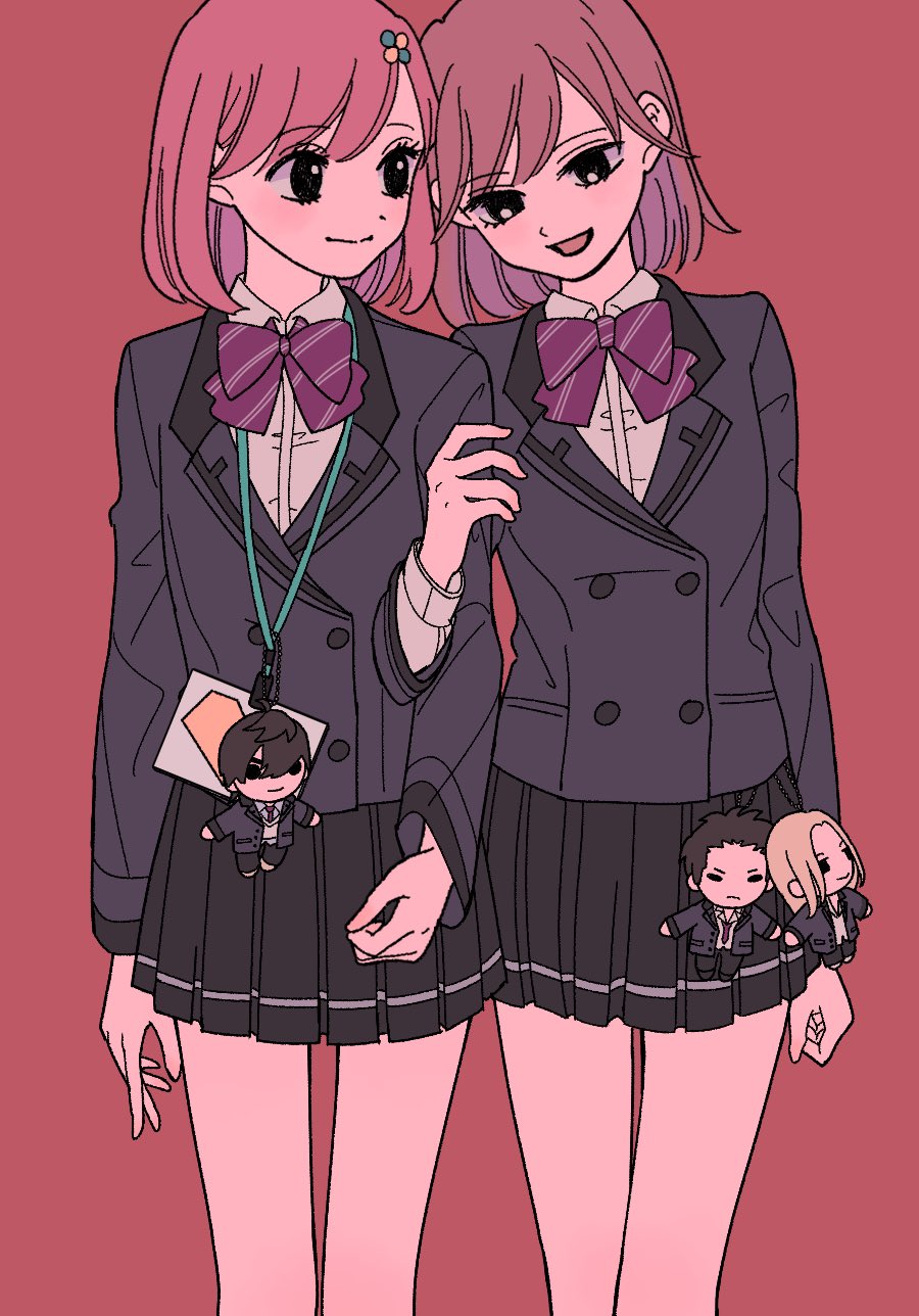 2girls, :d, arm_at_side, arms_at_sides, black_sclera, blazer, blue_jacket, bob_cut, bow, bowtie, breasts, buttons, character_doll, clover_hair_ornament, collared_shirt, colored_sclera, cowboy_shot, doll, double-breasted, dress_shirt, flat_color, gorainrice, habataki_academy_school_uniform, hair_ornament, hairclip, hand_on_another's_arm, hand_up, heads_together, highres, id_card, jacket, kazama_ryouta, lanyard, long_sleeves, looking_at_another, looking_away, looking_down, looking_to_the_side, miniskirt, multiple_girls, open_mouth, pleated_skirt, protagonist_(tokimemo_gs3), protagonist_(tokimemo_gs4), purple_bow, purple_bowtie, red_background, sakurai_kouichi, sakurai_ruka, school_uniform, shirt, short_hair, side-by-side, simple_background, skirt, small_breasts, smile, swept_bangs, tokimeki_memorial, tokimeki_memorial_girl's_side, tokimeki_memorial_girl's_side_3rd_story, tokimeki_memorial_girl's_side_4th_heart, white_shirt