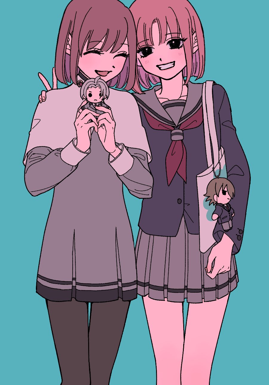 2girls, ^_^, aqua_background, bag, bag_charm, blush, bob_cut, brown_eyes