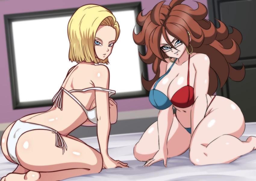 2girls, absurdres, android_18, android_21, ass, barefoot, bed, bikini, blonde_hair, blue_eyes, bob_cut, breasts, brown_hair, cleavage, curly_hair, darwaarts, dragon_ball, dragon_ball_fighterz, dragonball_z, earrings, etzelin, feet, female_focus, glasses, hair_between_eyes, highres, hoop_earrings, indoors, jewelry, large_breasts, legs, light_smile, long_hair, looking_at_viewer, medium_hair, multicolored_bikini, multiple_girls, navel, off-shoulder_bikini, off_shoulder, on_bed, parted_lips, side-tie_bikini_bottom, sitting, smile, string_bikini, swimsuit, thick_thighs, thighs, two-tone_bikini, white_bikini