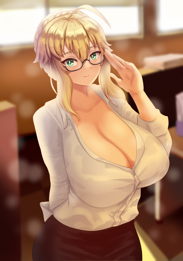 1girl, ahoge, artoria_pendragon_(fate), artoria_pendragon_(lancer)_(fate), black_skirt, blonde_hair, blush, braid