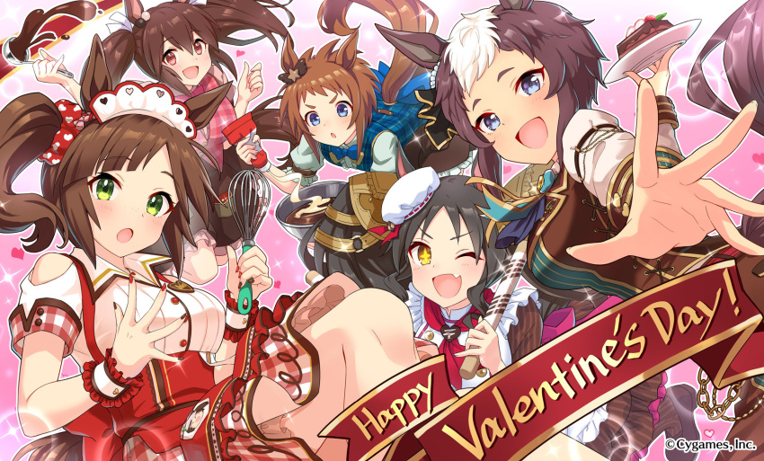 +_+, 5girls, alternate_costume, animal_ears, biko_pegasus_(transform!_garson_form!)_(umamusume), biko_pegasus_(umamusume), bowl, brown_hair