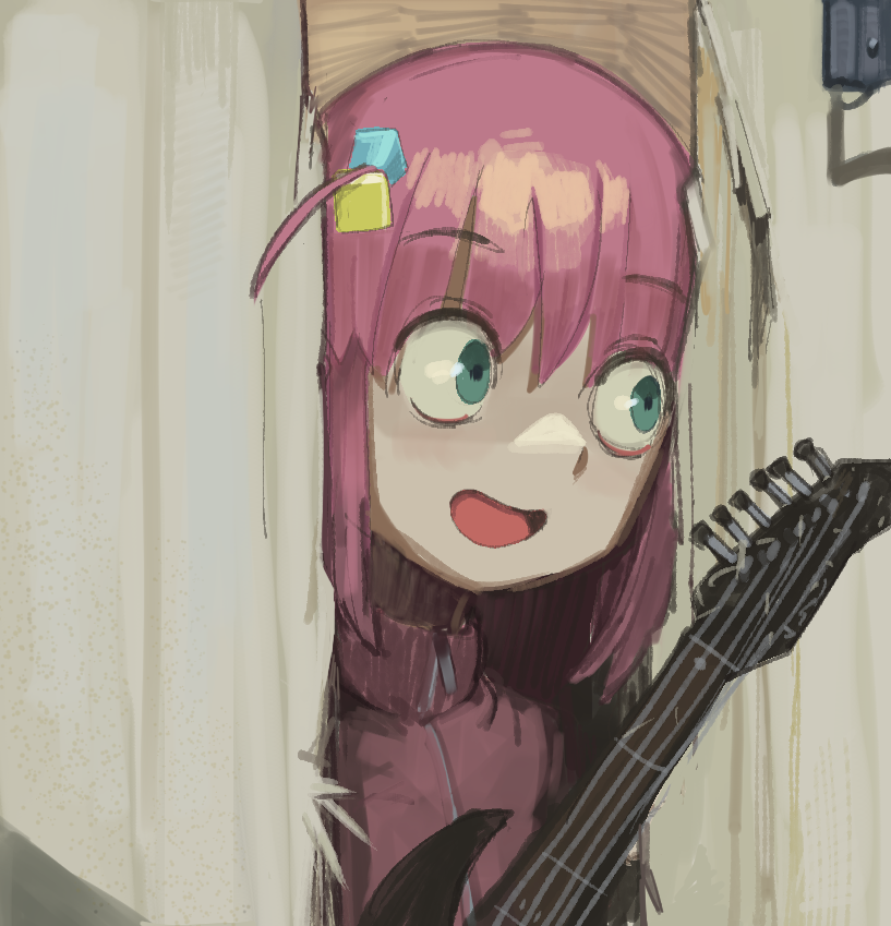1girl, :d, blue_eyes, bocchi_the_rock!, commentary, cube_hair_ornament, deent_(30390450), door, english_commentary, gotoh_hitori, guitar, hair_ornament, here's_johnny!_(meme), holding, holding_instrument, instrument, jacket, long_hair, looking_to_the_side, meme, open_mouth, parody, pink_hair, pink_jacket, sanpaku, scene_reference, smile, solo, the_shining, track_jacket, upper_body