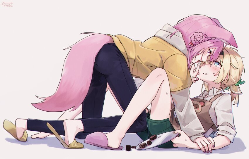 2girls, absurdres, alternate_costume, animal_ears, artist_name, blonde_hair, blush, candy