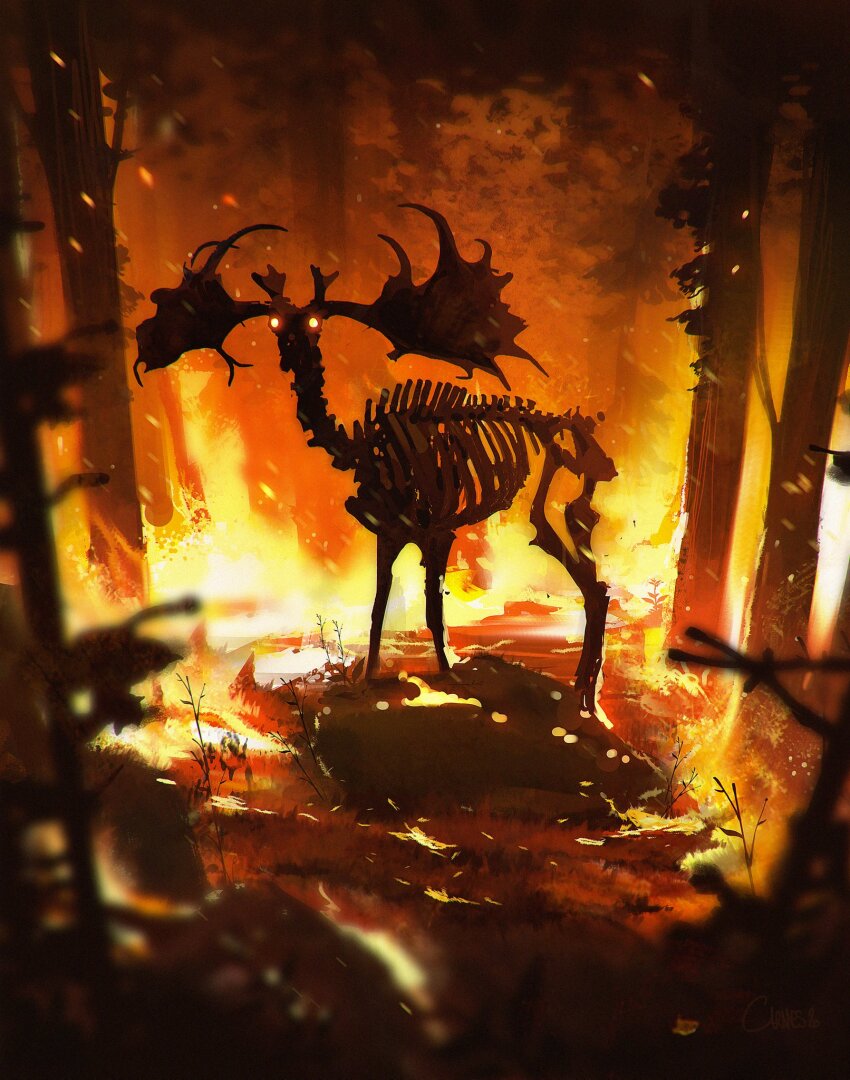 animal_skeleton, antlers, artist_name, blurry, blurry_foreground, commentary, depth_of_field, embers