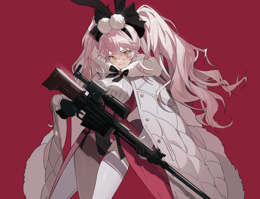 1girl, absurdres, animal_ear_fluff, animal_ears, bad_id, bad_pixiv_id, black_bow, black_gloves, blush, bow, breasts, cloak, coattails, collared_shirt, corset, dress_shirt, fate/grand_order, fate_(series), fox_tail, fur-trimmed_cloak, fur_trim, glasses, gloves, gun, hair_between_eyes, hair_bow, highres, koyanskaya_(assassin)_(second_ascension)_(fate), koyanskaya_(fate), large_breasts, long_hair, long_sleeves, looking_at_viewer, nakamura_(wmfp3834), pantyhose, pink_hair, rabbit_ears, rifle, shirt, sidelocks, smile, sniper_rifle, solo, tail, tailcoat, thighs, twintails, underbust, weapon, white_pantyhose, white_shirt, yellow_eyes
