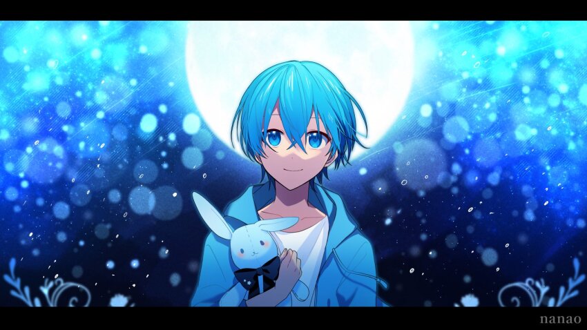 1boy, artist_name, blue_background, blue_bow, blue_eyes, blue_hair, blue_hoodie, blue_theme