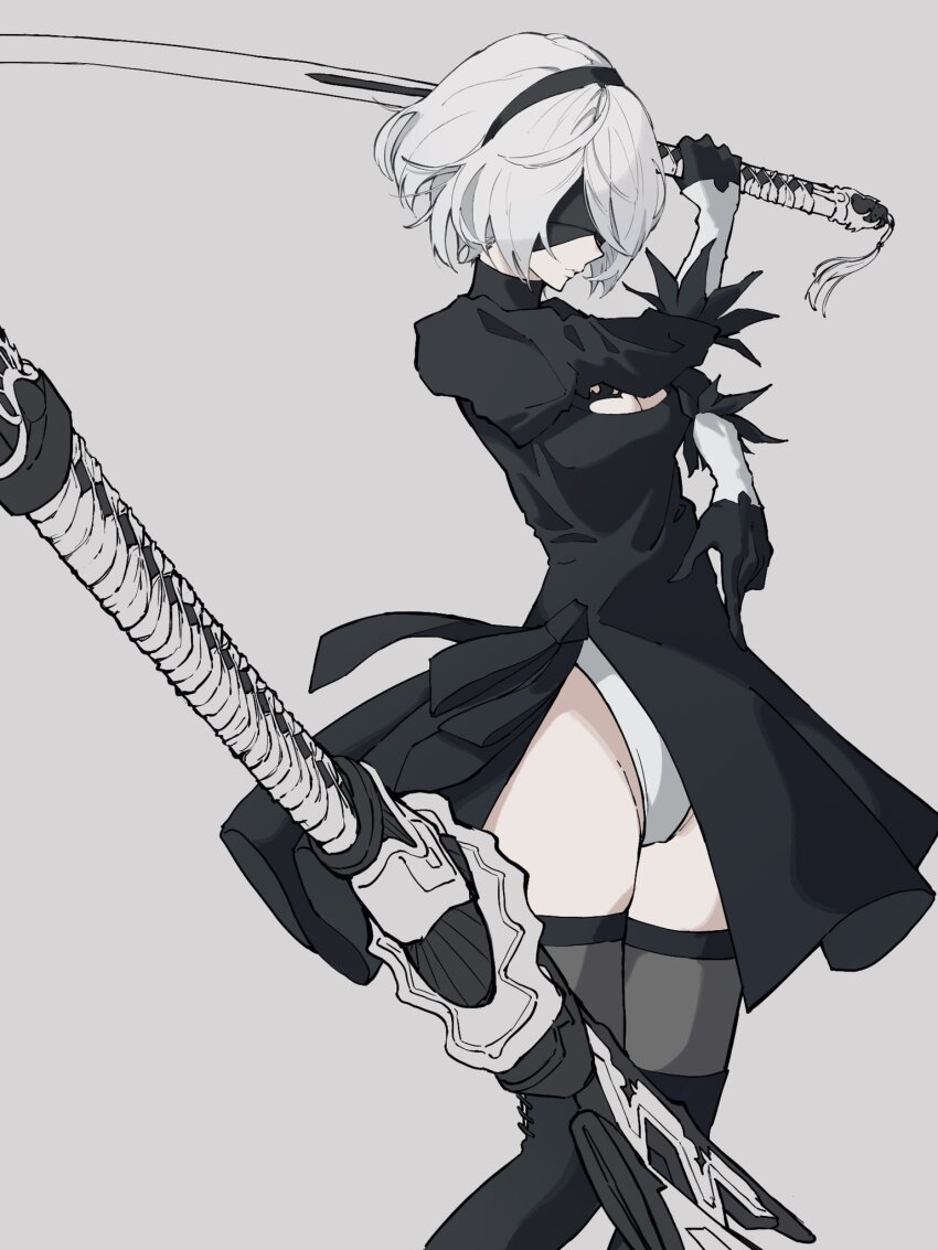 1girl, 2b_(nier:automata), black_boots, black_dress, black_hairband, black_thighhighs, blindfold, boots, breasts, cleavage, cleavage_cutout, closed_mouth, clothing_cutout, commentary_request, dress, expressionless, feather-trimmed_sleeves, feet_out_of_frame, gloves, grey_background, hairband, highres, holding, holding_sword, holding_weapon, juliet_sleeves, katana, long_sleeves, medium_breasts, negse_38u, nier:automata, nier_(series), panties, puffy_sleeves, short_hair, simple_background, solo, sword, thighhighs, thighhighs_under_boots, underwear, weapon, white_hair, white_panties