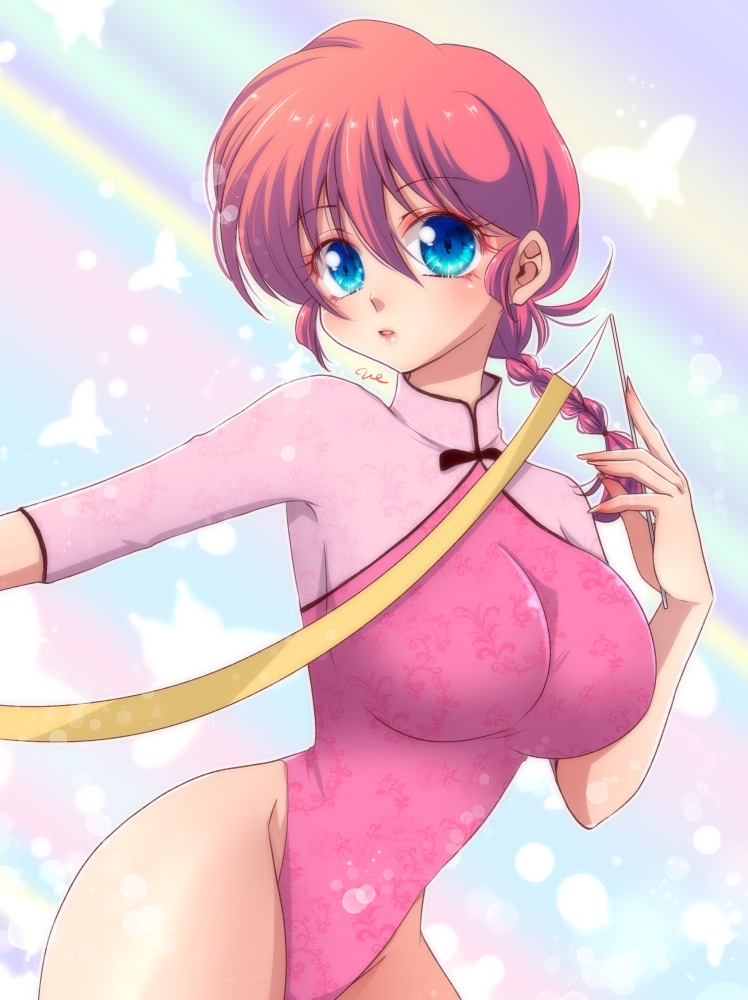 1girl, artist_name, bare_legs, blue_eyes, braid, braided_ponytail, breasts, chinese_clothes