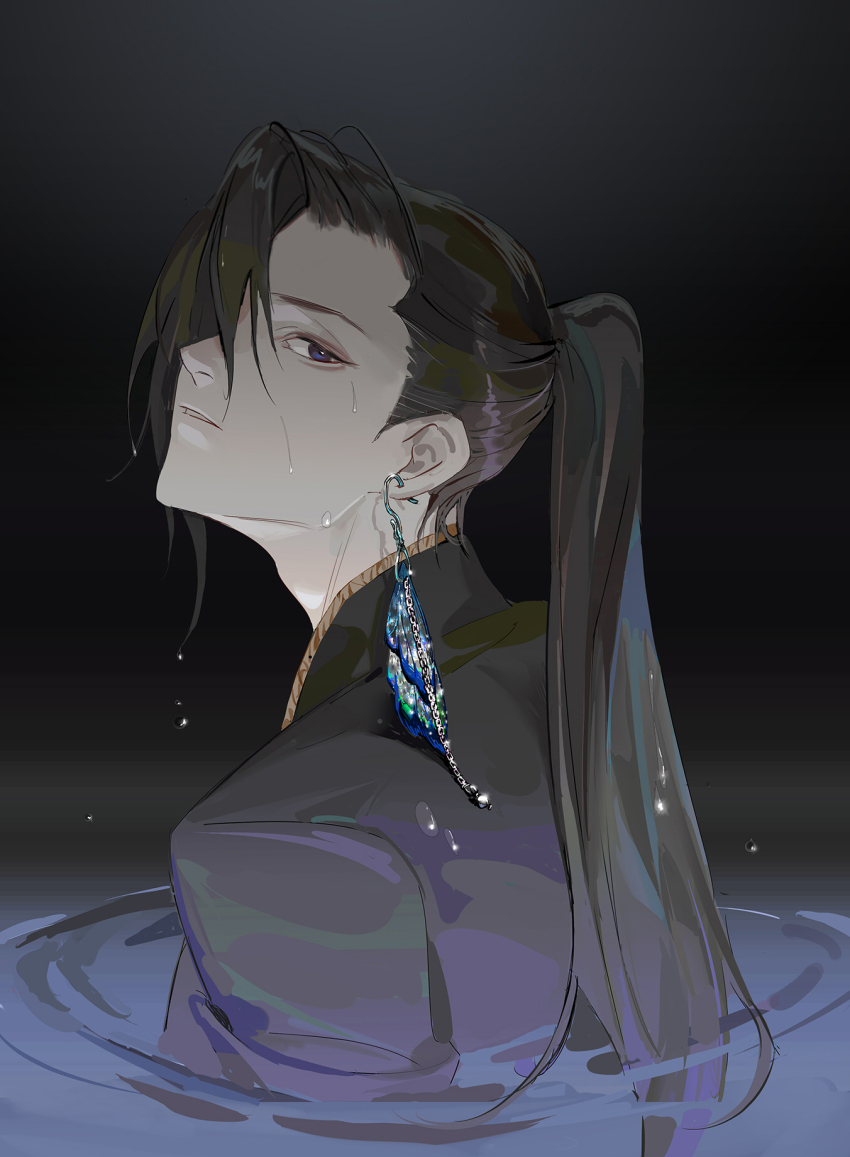 1boy, aalili, adam's_apple, black_background, black_hair, butterfly_wings, earrings, from_behind, highres, insect_wings, jewelry, li_chengze, long_hair, long_sleeves, looking_at_viewer, looking_back, male_focus, parted_lips, partially_submerged, ponytail, profile, purple_eyes, qing_yunian, solo, upper_body, water, wet, wet_hair, wing_earrings, wings
