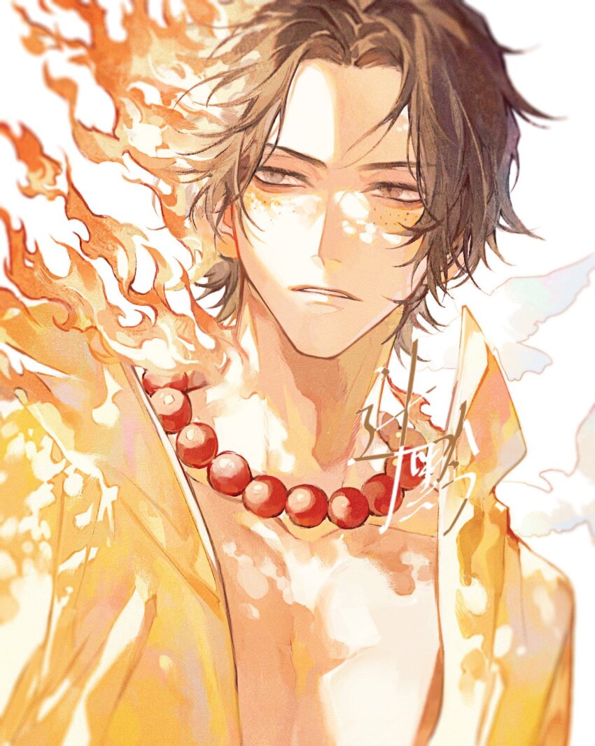 1boy, bead_necklace, beads, black_hair, fiery_hair, fire, freckles, highres