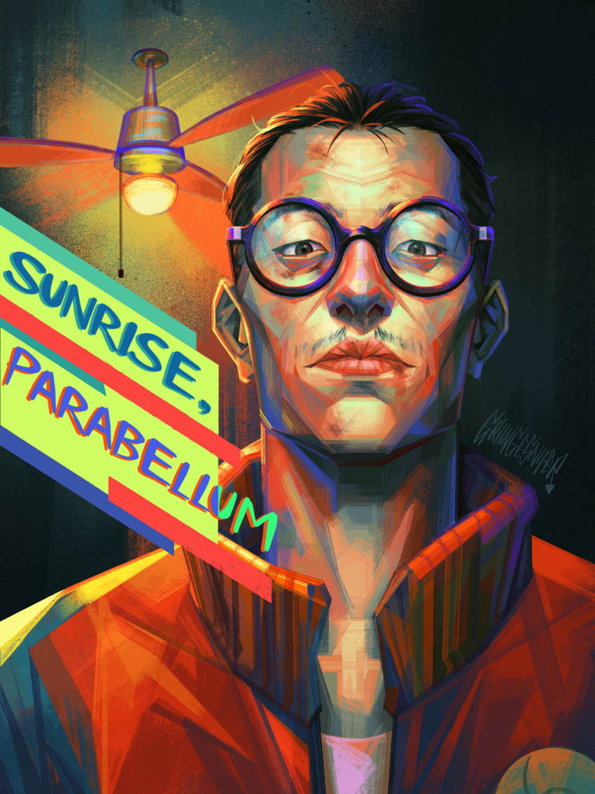 1boy, artist_name, black-framed_eyewear, black_eyes, black_hair, bomber_jacket, ceiling_fan, closed_mouth