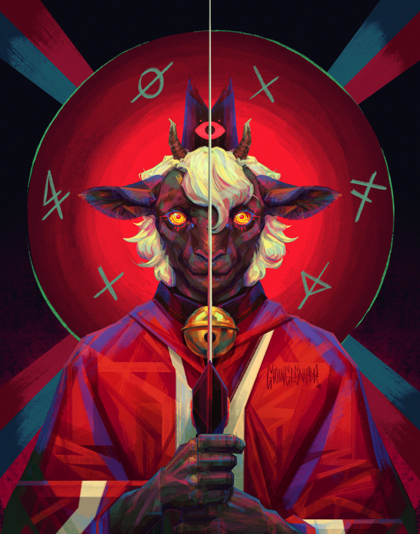 artist_name, baby_animal, bell, black_gloves, commentary, crazy_eyes, cult_of_the_lamb, english_commentary, furry, gloves, grungesniper, highres, holding, holding_weapon, horns, jingle_bell, lamb, neck_bell, one-eyed, red_crown_(cult_of_the_lamb), ringed_eyes, sheep, signature, straight-on, sword, sword_in_front_of_face, the_lamb_(cult_of_the_lamb), upper_body, weapon