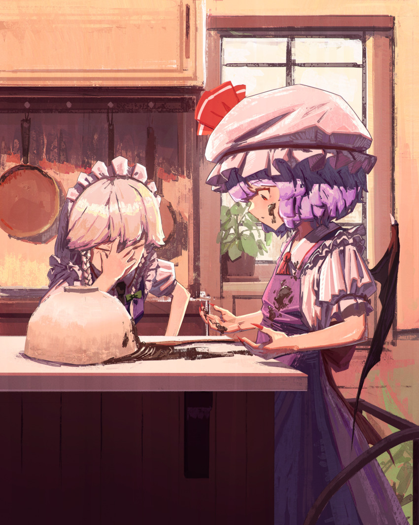 2girls, apron, ascot, bat_wings, blue_vest, bow, bowl, braid