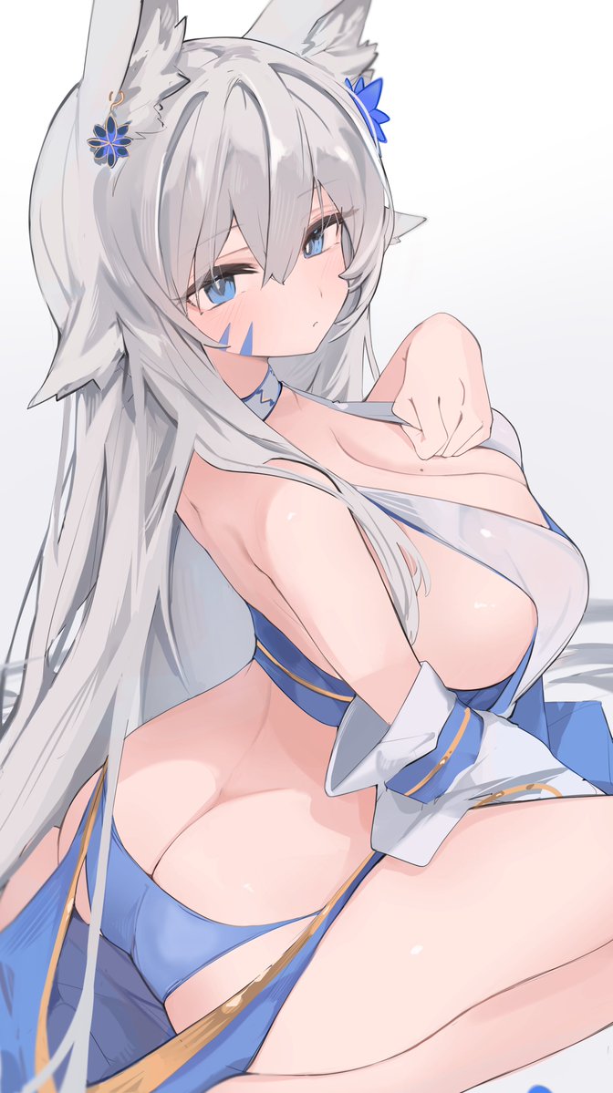 1girl, animal_ear_fluff, animal_ears, ass, backless_outfit, blue_eyes, blue_panties, breasts, butt_crack, cleavage, commission, detached_sleeves, duplicate, facial_mark, flower, fox_ears, fox_girl, from_behind, grey_hair, hair_between_eyes, hair_flower, hair_ornament, hand_on_own_chest, heart, huge_breasts, indie_virtual_youtuber, long_hair, looking_at_viewer, mikozin, mole, mole_on_breast, panties, sakae_izumi, second-party_source, skeb_commission, solo, underwear, very_long_hair, virtual_youtuber, whisker_markings