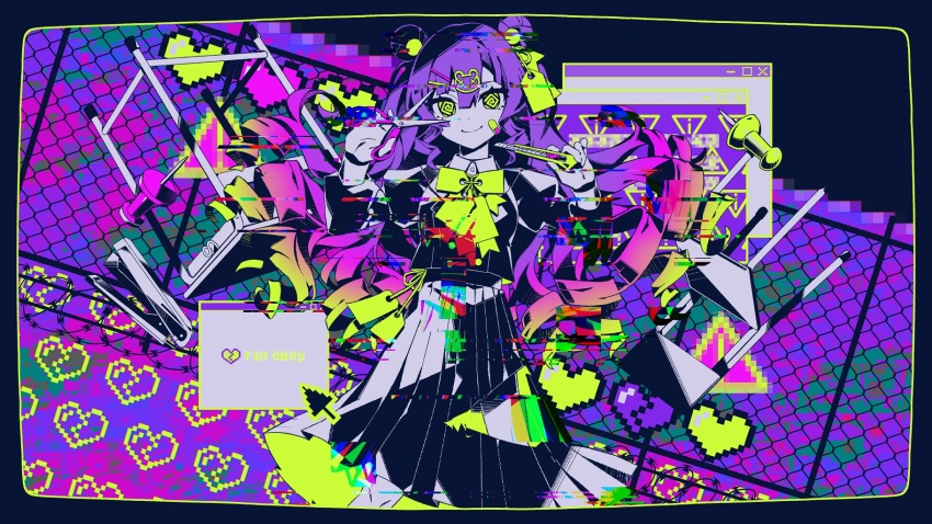 1girl, @_@, barbed_wire, black_skirt, border, bow, bowtie, boxcutter