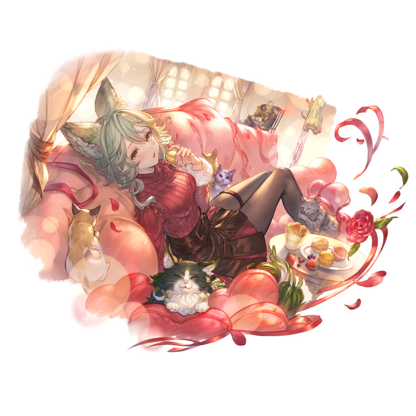 1boy, 1girl, alpha_transparency, animal_ears, bald, belt, black_pantyhose, black_skirt, blush, breasts, cat, couch, dante_(granblue_fantasy), erune, ewiyar_(granblue_fantasy), flower, food, fur-trimmed_sleeves, fur_trim, granblue_fantasy, grey_hair, hair_between_eyes, hair_flower, hair_ornament, heart, indoors, long_hair, long_sleeves, looking_at_viewer, macaron, medium_breasts, minaba_hideo, official_art, open_mouth, pantyhose, red_eyes, red_sweater, ribbed_sweater, sen_(granblue_fantasy), sitting, skirt, sweater, thigh_strap, transparent_background, valentine