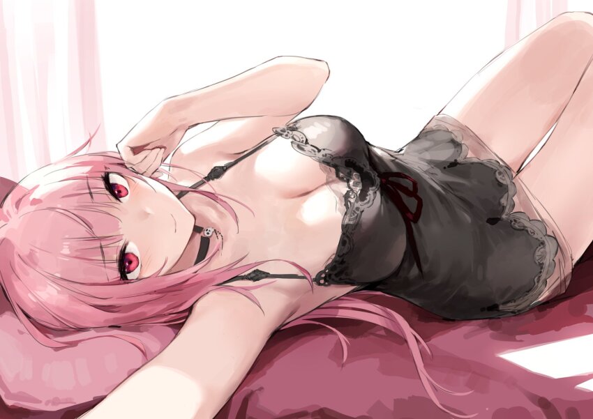 1girl, arm_up, armpits, bare_arms, bed_sheet, black_choker, black_nightgown, breasts