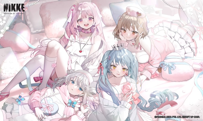 4girls, anis_(nikke), bare_shoulders, bed, beret, black_eyes, blue_eyes, blush, bob_cut, box, breasts, bug, butterfly, choker, collar, couch, crown, curtains, double_bun, dress, embarrassed, expressionless, flower_ornament, gift, gift_box, goddess_of_victory:_nikke, hair_bun, hair_ornament, hand_on_own_face, hat, heart, heart-shaped_box, heart-shaped_pillow, highres, insect, jacket, jewelry, karo_(karohroka), large_breasts, long_hair, lying, medium_breasts, medium_hair, multiple_girls, n102_(nikke), nail_polish, necklace, official_alternate_costume, official_art, open_mouth, orange_eyes, pillow, pink_jacket, pink_skirt, pleated_skirt, privaty_(nikke), ribbon, scarf, sidelocks, sitting, skirt, small_breasts, smile, socks, strap, table, teeth, thighhighs, twintails, valentine, white_dress, yellow_eyes, yuni_(nikke)