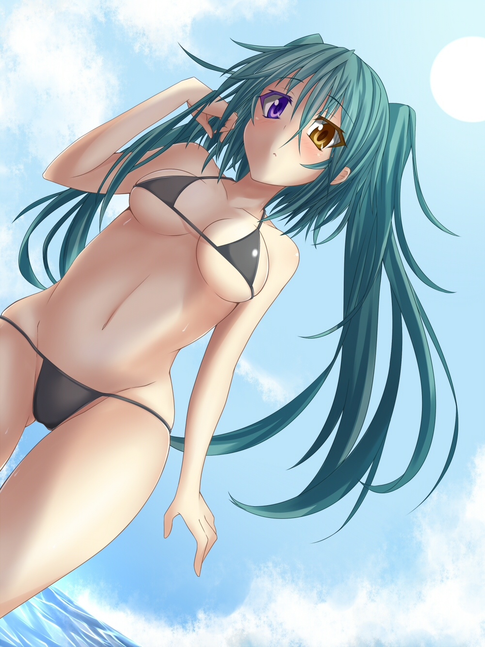1girl, bad_id, bad_pixiv_id, bikini, black_bikini, breasts, cleavage, dutch_angle