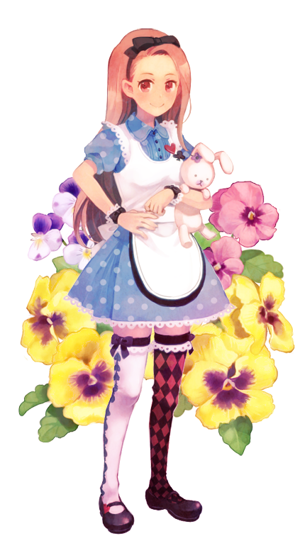 1girl, asymmetrical_legwear, black_shoes, blue_dress, brown_eyes, brown_hair, commentary_request, dress, dressy_alice_(idolmaster), flower, hand_on_own_hip, heart, holding, holding_stuffed_toy, idolmaster, idolmaster_(classic), idolmaster_2, long_hair, mary_janes, minase_iori, mismatched_legwear, pansy, partial_commentary, pink_flower, pink_pansy, purple_flower, purple_pansy, shio_(orange_lounge), shoes, simple_background, smile, solo, spade_(shape), stuffed_animal, stuffed_rabbit, stuffed_toy, thigh_bow, thighhighs, white_background, wrist_cuffs, yellow_flower, yellow_pansy