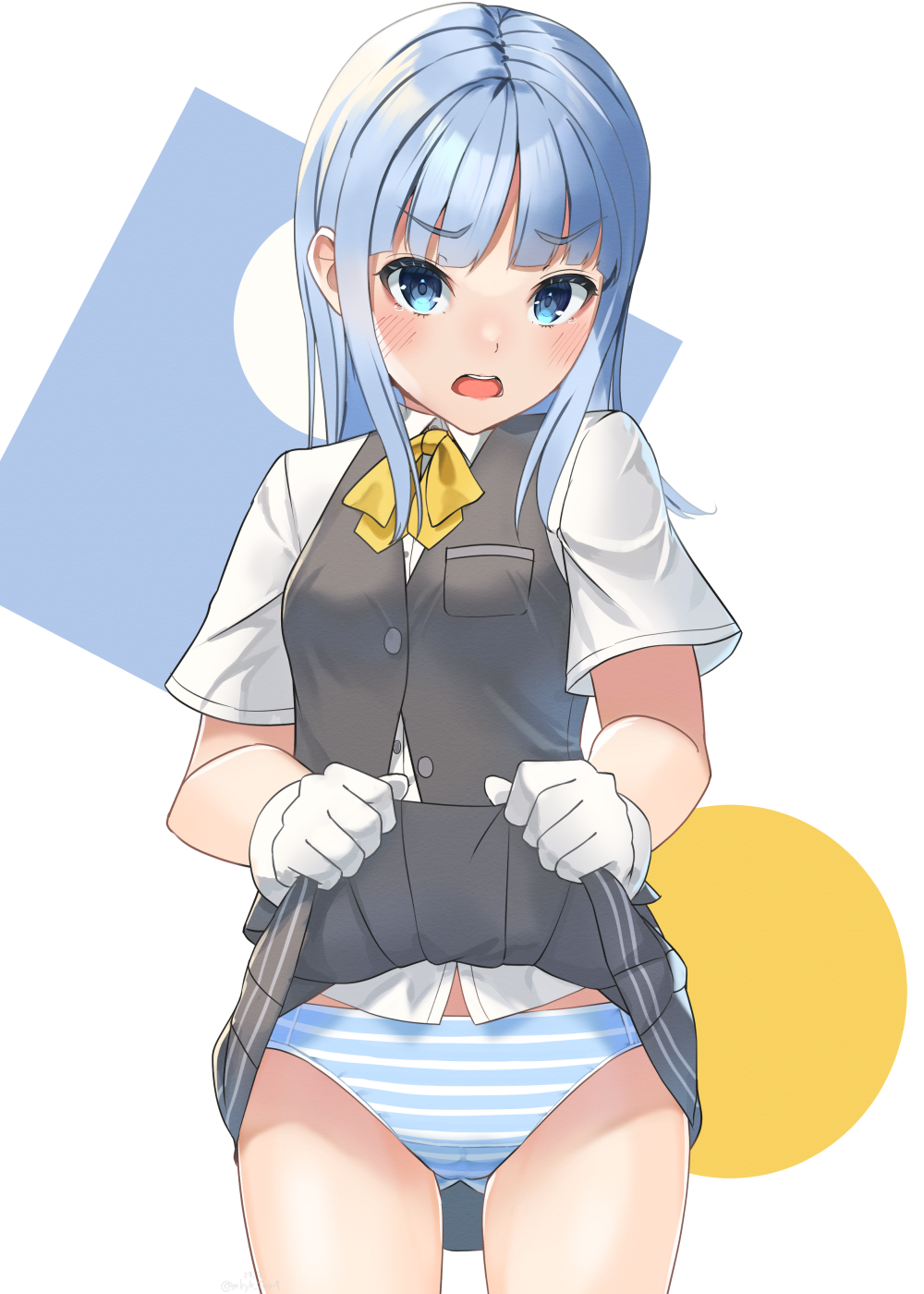 1girl, ascot, blue_eyes, blue_hair, breast_pocket, breasts, cameltoe, clothes_lift