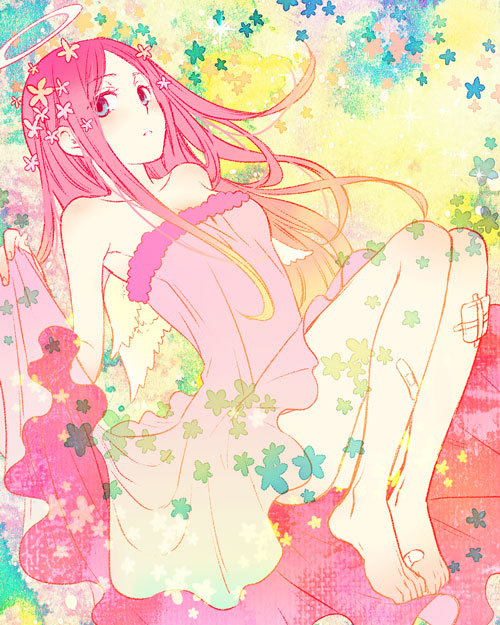 1girl, angel, angel_wings, aqua_eyes, arakawa_under_the_bridge, ass, bandages, bandaid, bare_shoulders, barefoot, blush, clothes_lift, dress, feet, female_focus, full_body, halo, kuro_(qqaid), legs, legs_up, long_hair, nino_(arakawa), open_mouth, pink_hair, pink_theme, skirt, skirt_lift, solo, strapless, venus_to_jesus, wings