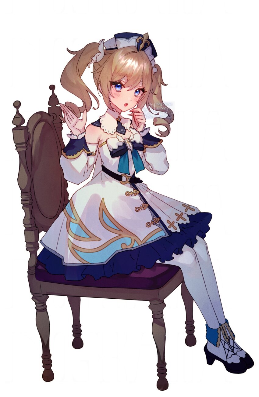 1girl, artist_name, back_bow, barbara_(genshin_impact), bare_shoulders, belt, black_belt, black_shoes, blue_bow, blue_eyes, blue_hat, blush, bow, breasts, chair, detached_collar, detached_sleeves, dress, fingernails, genshin_impact, hair_between_eyes, hair_ornament, hands_up, hat, highres, light_brown_hair, long_fingernails, long_hair, long_sleeves, looking_at_viewer, medium_breasts, multicolored_bow, nail_polish, nogikawa, on_chair, open_mouth, pantyhose, pink_nails, puffy_detached_sleeves, puffy_long_sleeves, puffy_sleeves, shoes, simple_background, sitting, solo, teeth, tongue, twintails, watermark, white_background, white_bow, white_dress, white_pantyhose