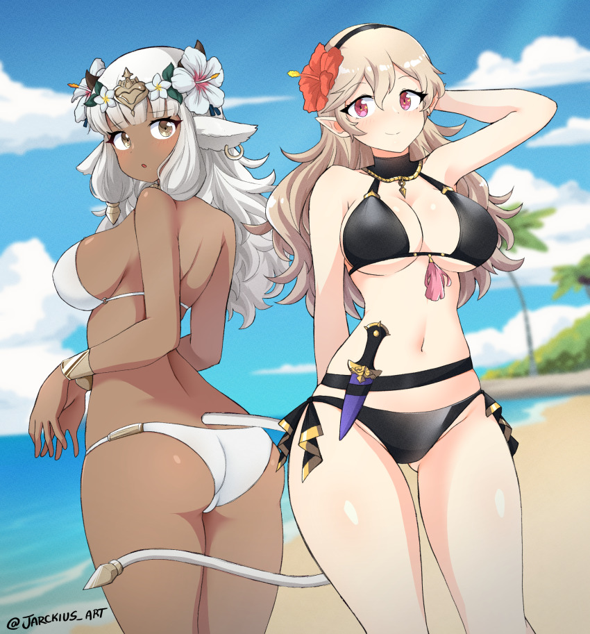 2girls, alternate_costume, animal_ears, ash_(fire_emblem), ass, bare_arms, bare_shoulders, beach, belt, bikini, black_belt, black_bikini, black_vs_white, blue_sky, breasts, cloud, commentary_request, female_corrin_(fire_emblem), cosplay, cow_ears, cow_girl, cowboy_shot, dagger, dark-skinned_female, dark_skin, day, female_byleth_(fire_emblem), female_byleth_(fire_emblem)_(cosplay), female_focus, fire_emblem, fire_emblem:_three_houses, fire_emblem_fates, fire_emblem_heroes, flower, gluteal_fold, grey_eyes, grey_hair, groin, hair_between_eyes, hair_flower, hair_ornament, highres, jarckius, knife, large_breasts, long_hair, looking_at_viewer, multiple_girls, navel, nintendo, pink_eyes, red_flower, rhea_(fire_emblem), rhea_(fire_emblem)_(cosplay), rhea_(summer)_(fire_emblem), sky, smile, standing, stomach, swimsuit, tail, thighs, underboob, weapon, white_bikini, white_flower, white_hair