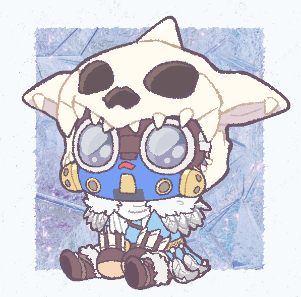 1other, ambiguous_gender, animal_skull, animification, apex_legends, bloodhound_(apex_legends), blue_shirt, brown_footwear, brown_gloves, chibi, feather_trim, gloves, goggles, helmet, official_alternate_costume, otezo, rebreather, scarf, shirt, sitting, solo, white_scarf, young_blood_bloodhound