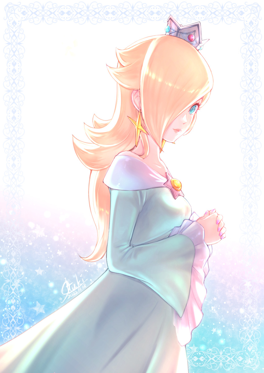 1girl, aqua_dress, aqua_eyes, blonde_hair, blue_dress, crown, dress, earrings