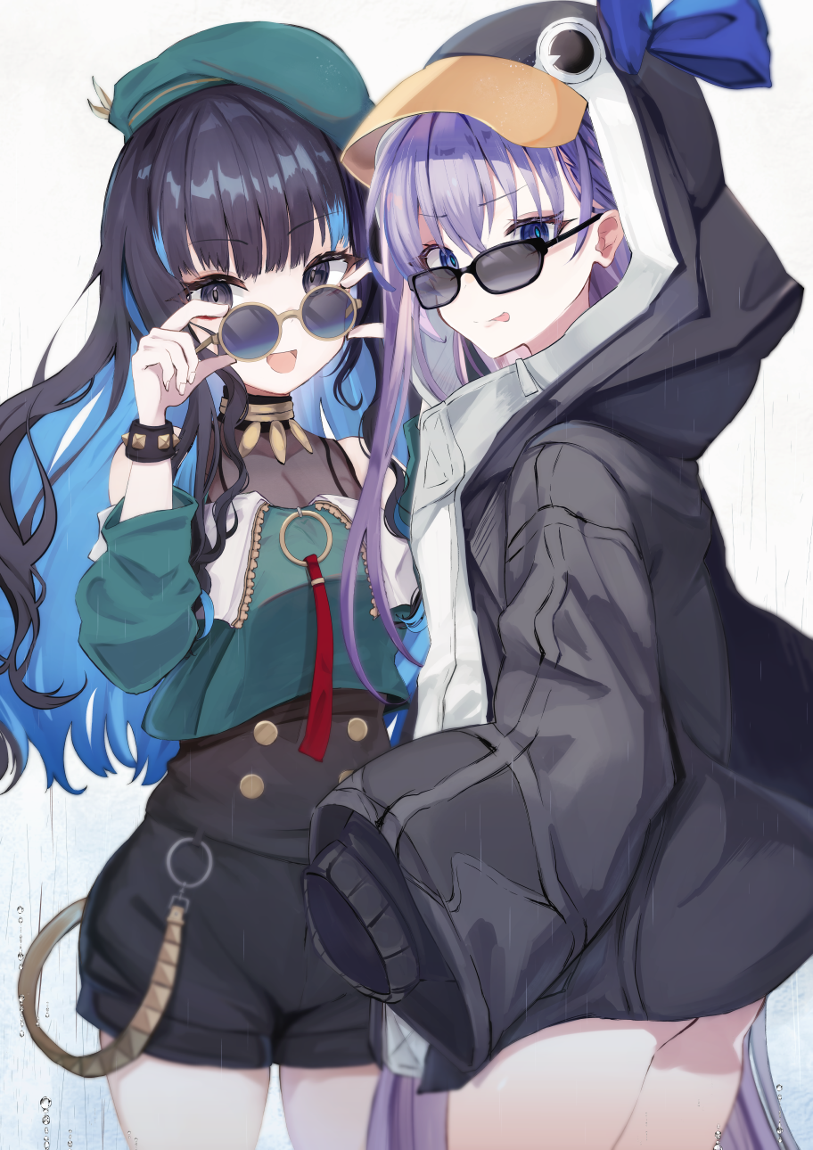 2girls, animal_hood, bare_shoulders, beret, black_hair, black_jacket, black_shorts, blue_bow