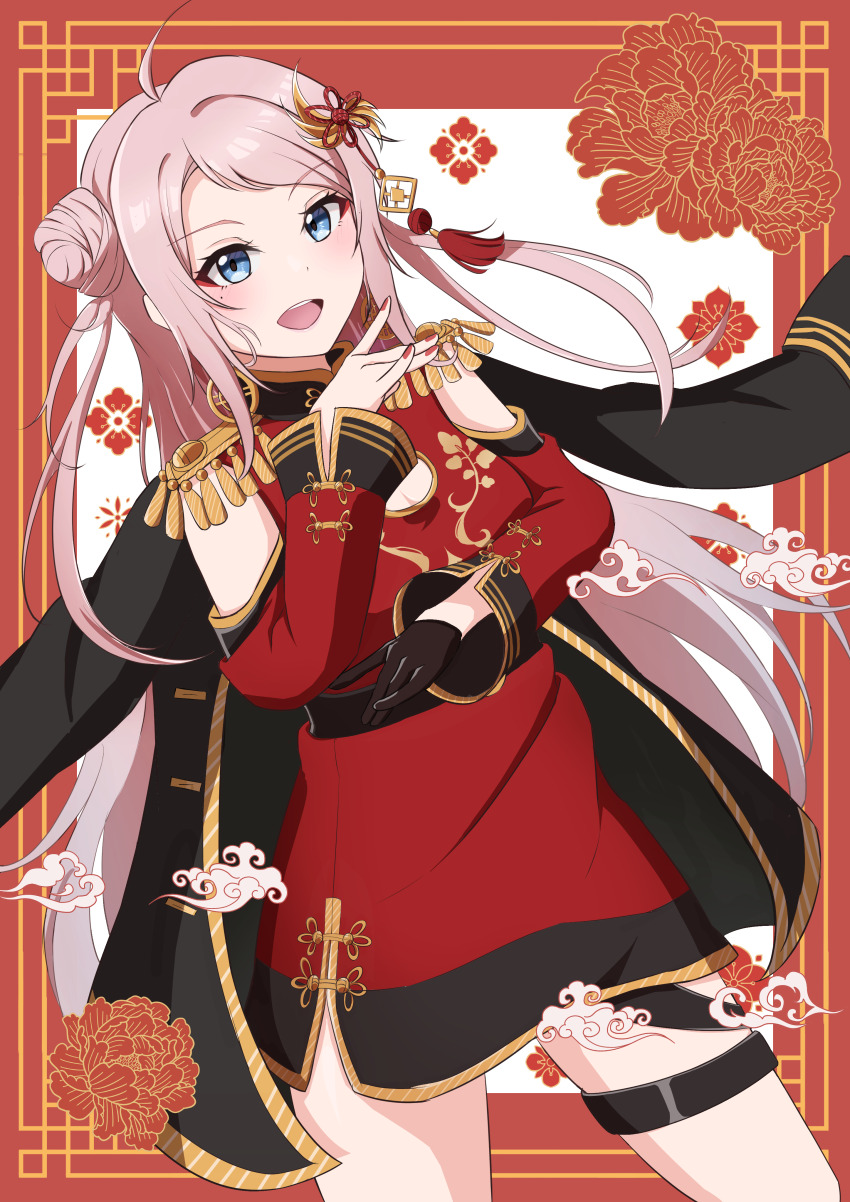 1girl, absurdres, ahoge, birthday, black_gloves, blue_eyes, breasts, china_dress, chinese_clothes, cleavage, cleavage_cutout, clothing_cutout, commentary, double_bun, dress, gloves, hair_bun, hair_ornament, highres, long_hair, looking_at_viewer, love_live!, love_live!_nijigasaki_high_school_idol_club, medium_breasts, mole, mole_under_eye, ninben_(ninben_2892), pink_hair, queendom_(love_live!), red_dress, red_nails, single_glove, solo, upper_body, zhong_lanzhu