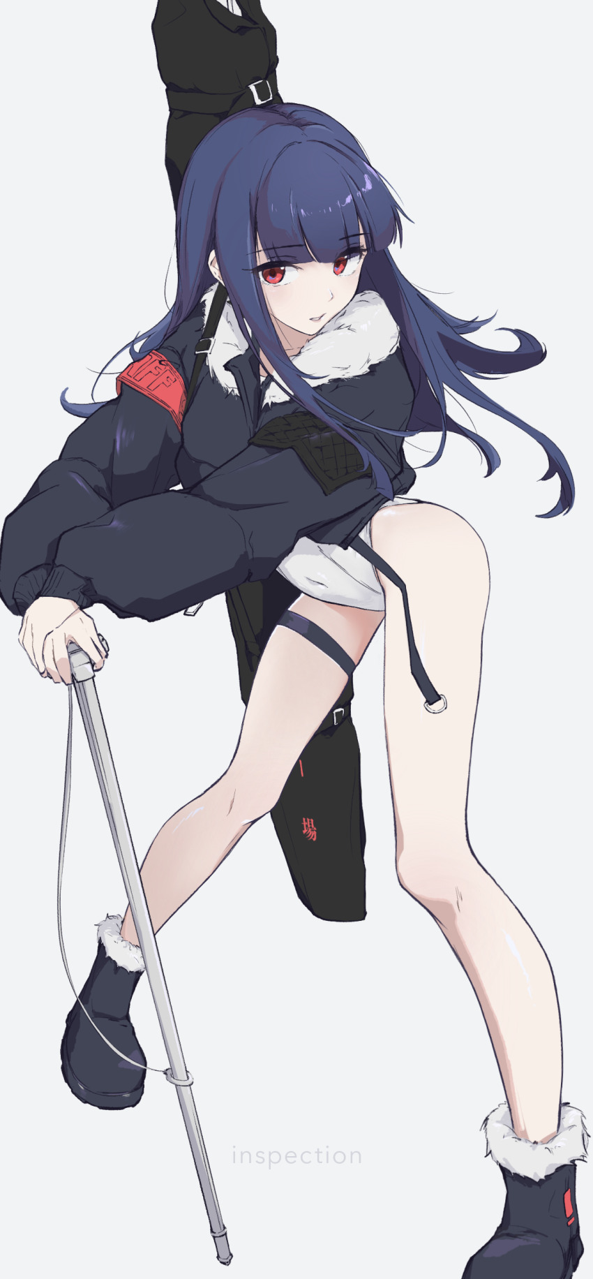 1girl, absurdres, blue_hair, blunt_bangs, boots, covered_navel, fur_trim, highres