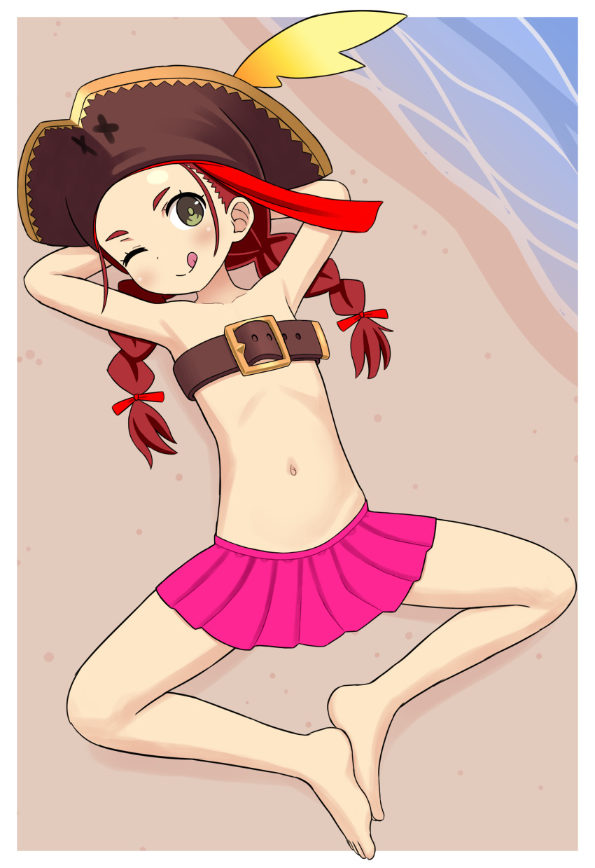 1girl, ;), absurdres, ami_(ammy33), armpits, arms_behind_head, bare_legs, barefoot, beach, belt_bra, braid, etrian_odyssey, female_focus, flat_chest, full_body, green_eyes, hat, hat_feather, highres, knees_apart_feet_together, licking_lips, loli, looking_at_viewer, lying, miniskirt, navel, on_back, one_eye_closed, outdoors, pink_skirt, pirate_(sekaiju), pirate_4_(sekaiju), pirate_hat, sekaiju_no_meikyuu, sekaiju_no_meikyuu_3, skirt, smile, solo, tongue, tongue_out, twin_braids, water