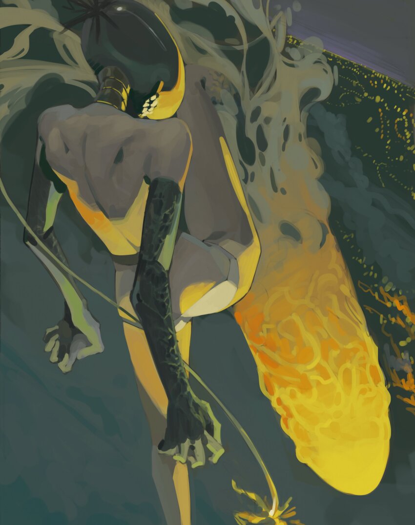 1girl, absurdres, backless_dress, backless_outfit, black_dress, black_gloves, bomb_devil_(chainsaw_man), chainsaw_man