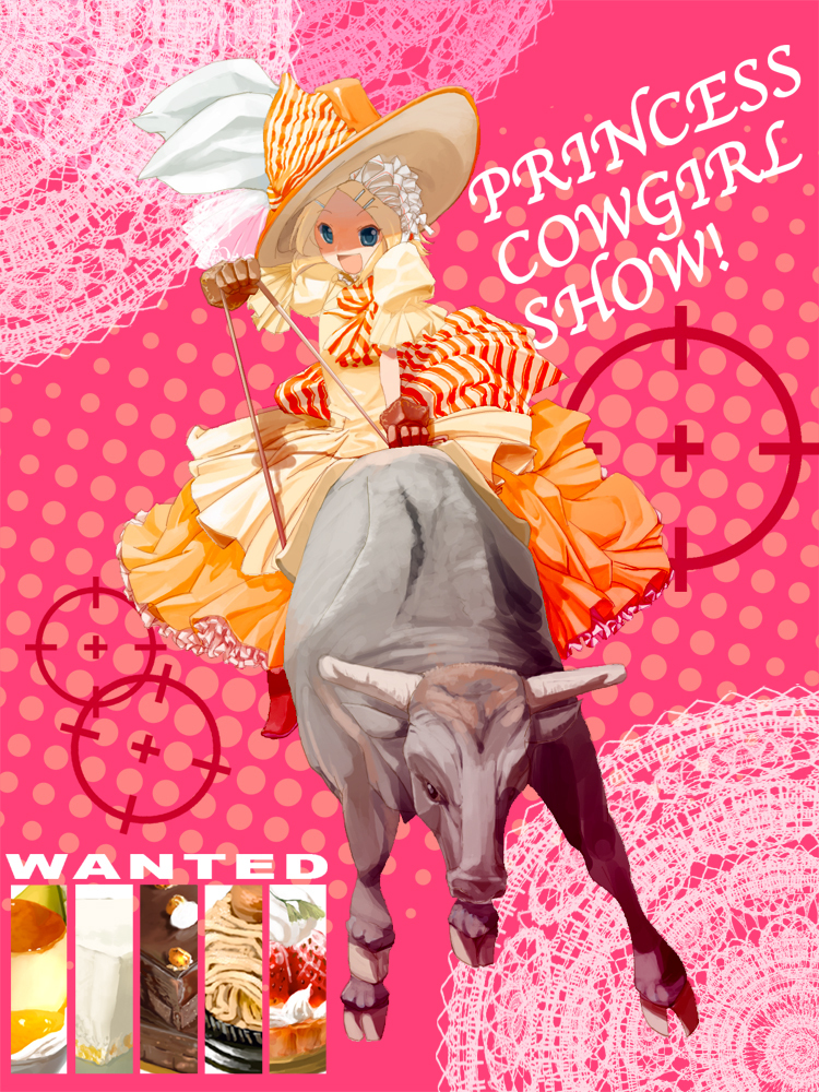 1girl, animal, aqua_eyes, blonde_hair, bonnet, boots, bull, chaunen