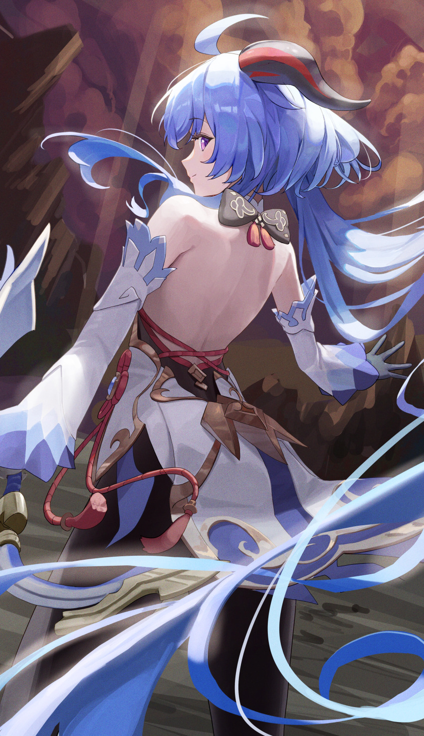 1girl, absurdres, ahoge, amos'_bow_(genshin_impact), back, back_bow, backless_outfit, bare_back