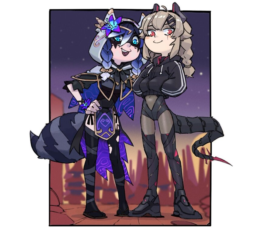 2girls, alternate_costume, bandages, blue_eyes, blue_hair, blush, boots, cartoonized, crossover, floor, flower, flower_on_head, gary_vanaka, graident_hair, grey_hair, hand_on_hips, hand_on_own_hip, hand_on_pocket, hands_on_pockets, hood, hoodie, indie_virtual_youtuber, long_hair, looking_at_viewer, mask, multiple_girls, night, open_mouth, red_eyes, saruei_(vtuber), scar, scar_on_face, shoes, sky, smile, snuffy_(vtuber), source_request, tail, toon_(style), twintails, virtual_youtuber