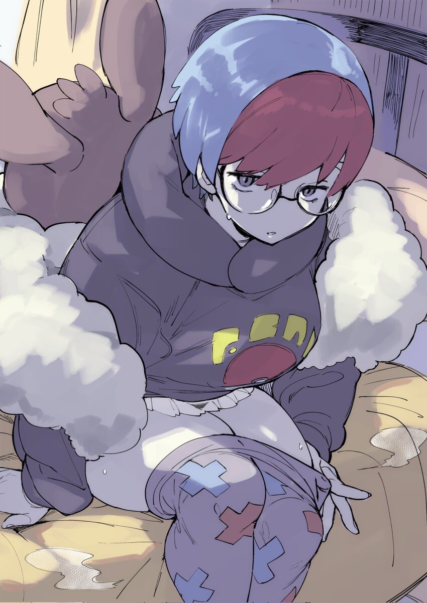 1girl, bedroom, blue_hair, breasts, double_strap_slip, eevee, gen_1_pokemon, glasses