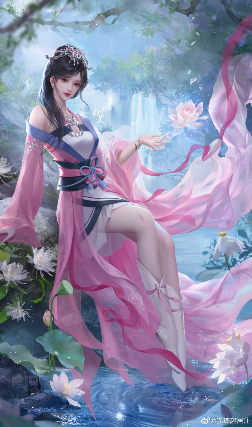 1girl, absurdres, bracelet, chi_lian_(qin_shi_ming_yue), chinese_clothes, closed_mouth, dress, earrings, flower, full_body, fupo_alian, hair_ornament, highres, jewelry, lotus, medium_hair, o-ring_dress, off-shoulder_dress, off_shoulder, outdoors, qinshi_mingyue, ripples, sash, second-party_source, solo, tiara, tree, water, waterfall, white_footwear