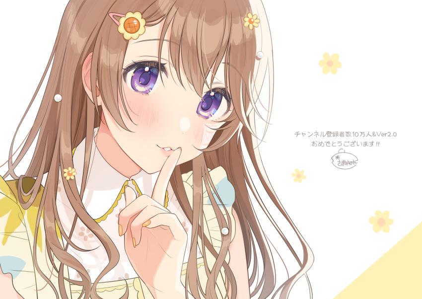 1girl, beads, blush, brown_hair, commentary, dress, finger_to_mouth, fingernails