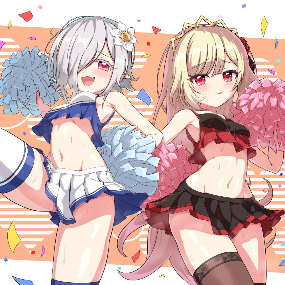 2girls, blonde_hair, blush, breasts, brown_thighhighs, cheerleader, ecute, flower, hair_flower, hair_ornament, hair_over_one_eye, jashin-chan_dropkick, loli, long_hair, looking_at_viewer, midriff, miniskirt, multiple_girls, mumyou_ishi, navel, persephone_ii, pom_pom_(cheerleading), red_eyes, rose, shiny_skin, short_hair, skirt, small_breasts, smile, thighhighs, tongue, tongue_out, underboob, white_hair, white_thighhighs