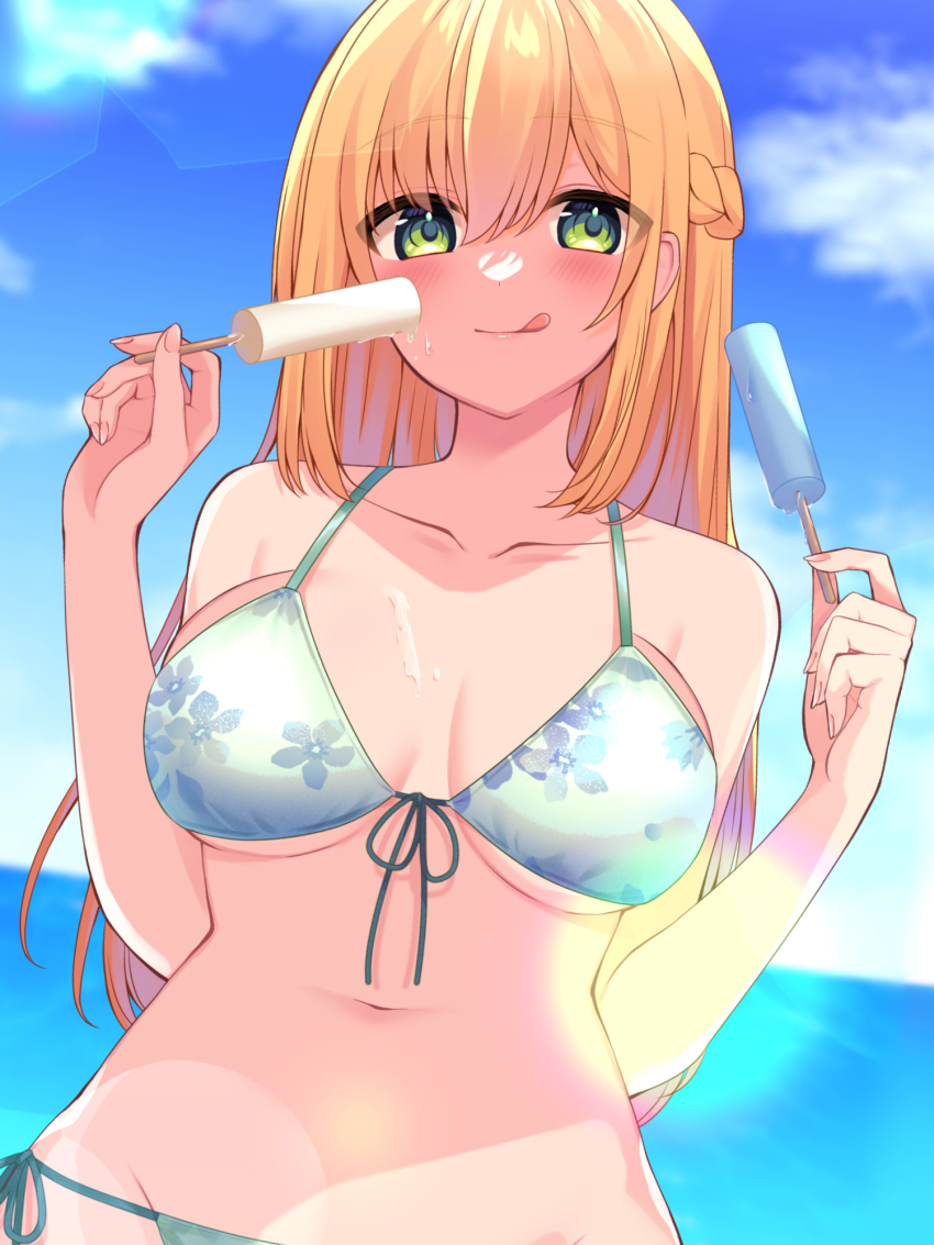 1girl, :p, asagi_shiki_(artist), bikini, blonde_hair, blue_sky, blush, braid