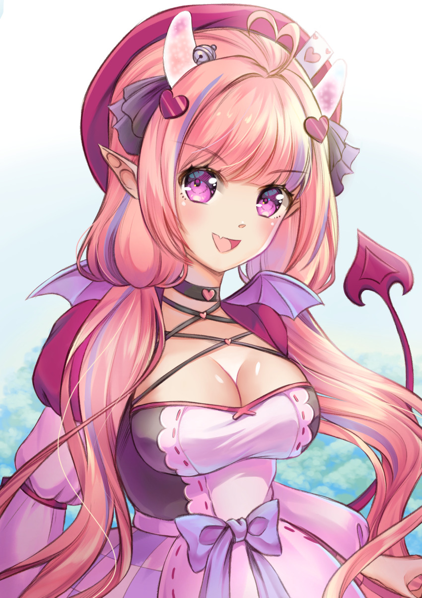 1girl, absurdres, ahoge, bell, beret, black_choker, breasts, choker, cleavage, demon_girl, demon_horns, demon_tail, dress, fang, hair_ornament, hat, heart, heart_ahoge, heart_choker, heart_hair_ornament, highres, horns, ironmouse, ironmouse_(wonderland_reject), jingle_bell, large_breasts, long_hair, looking_at_viewer, mia_mikhail, multicolored_hair, open_mouth, pink_dress, pink_hair, pink_hat, purple_hair, skin_fang, smile, solo, streaked_hair, tail, virtual_youtuber, vshojo