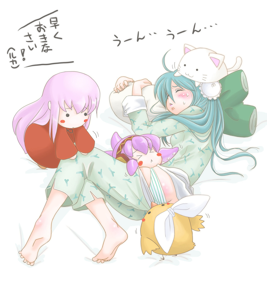 2girls, animal_hat, aqua_hair, barefoot, cat_hat, clothes_pull, feet, hat