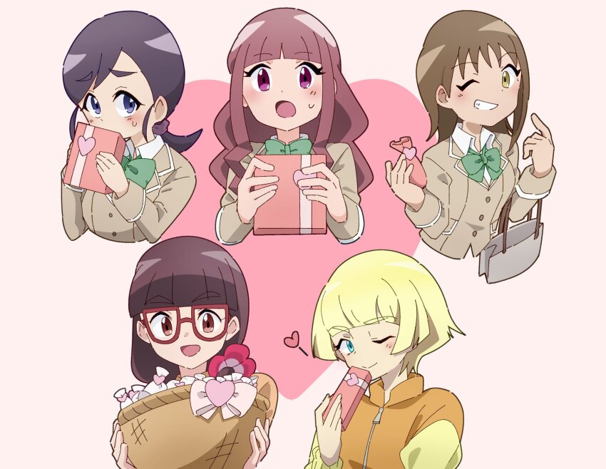 5girls, brown_hair, digimon, digimon_ghost_game, emma_hanes, glasses, heart, highres