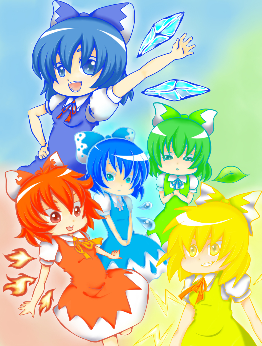 5girls, absurdres, achi_cirno, alternate_color, alternate_costume, alternate_element, cirno, hapa_cirno