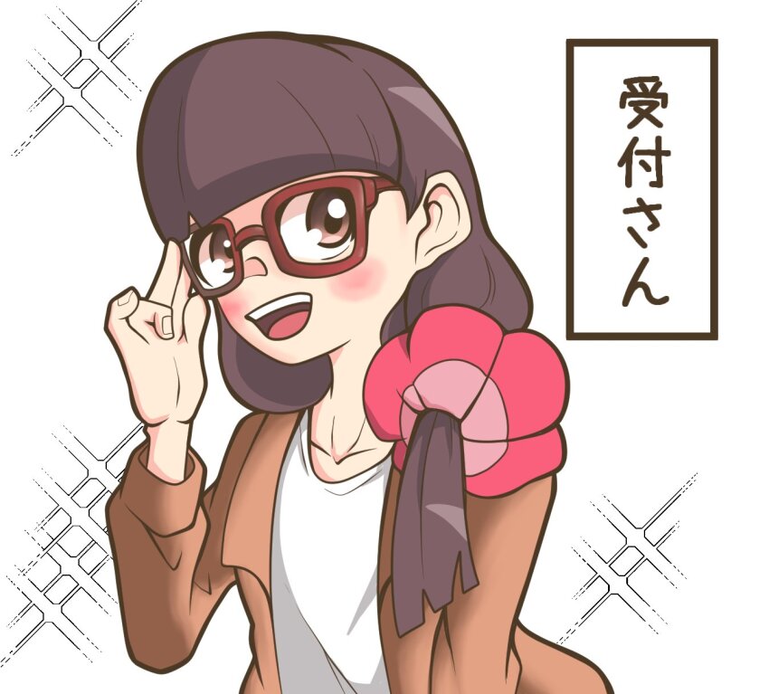 1girl, artist_request, blush, digimon, digimon_ghost_game, female_focus, glasses, highres, long_hair, nijima_(digimon), open_mouth, smile, solo, translated
