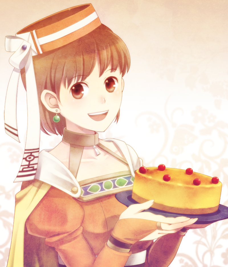 1girl, atelier_(series), atelier_elie, brown_eyes, brown_hair, cake, cheesecake, collarbone